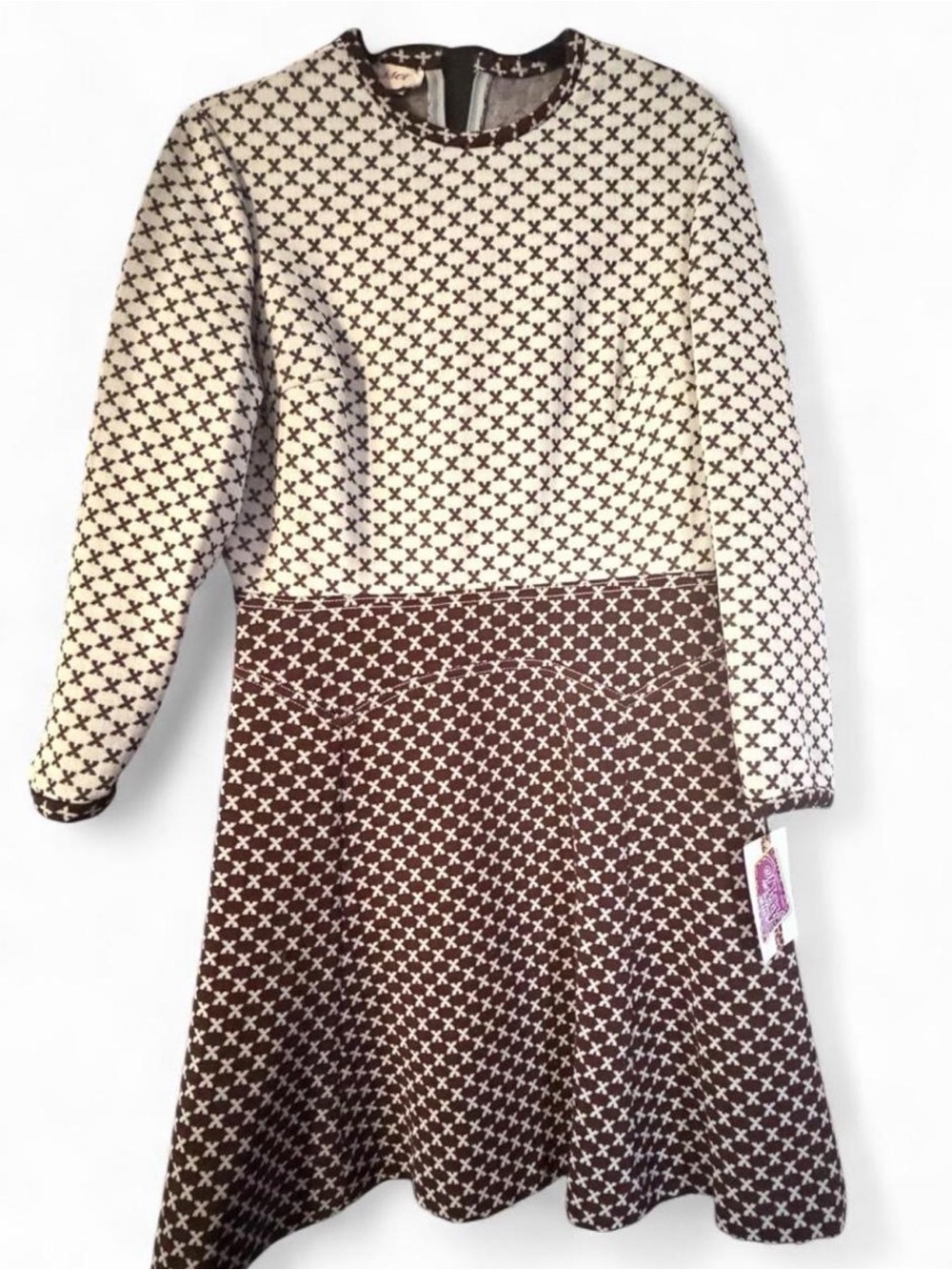 Vintage 60s Style Brown & Cream Knit Midi Dress Mod Size M